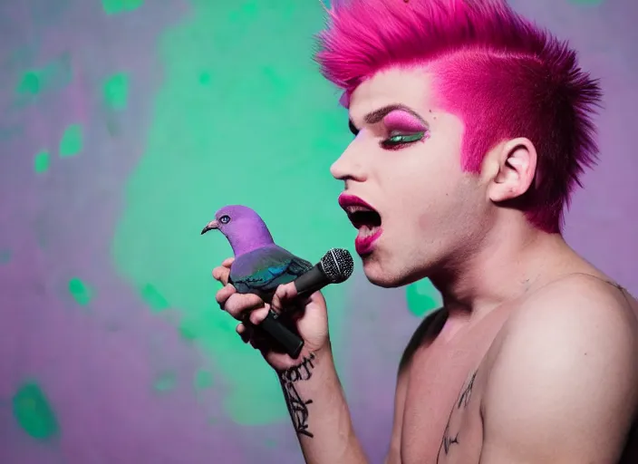 Image similar to a punk boy with pink hair and green lipstick singing karaoke with a pigeon on his shoulder