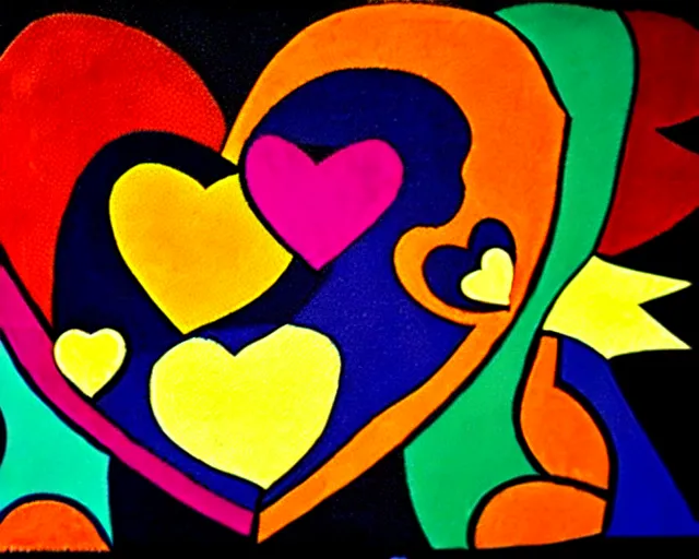 Prompt: Layered colorful hearts in guernica style