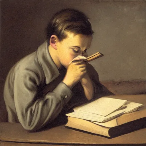 Prompt: dramatic scene of a young student smoking and reading books, very detailed face