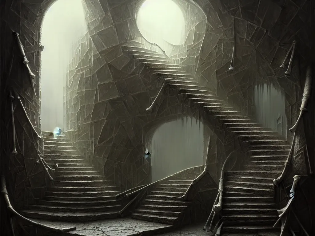 Image similar to highly detailed concept art of a staircase to nothingness with a door made of bones, an ultrafine detailed painting, trending on deviantart, neo surrealism, sharp focus, octane, masterpiece, art by miguel alandia pantoja