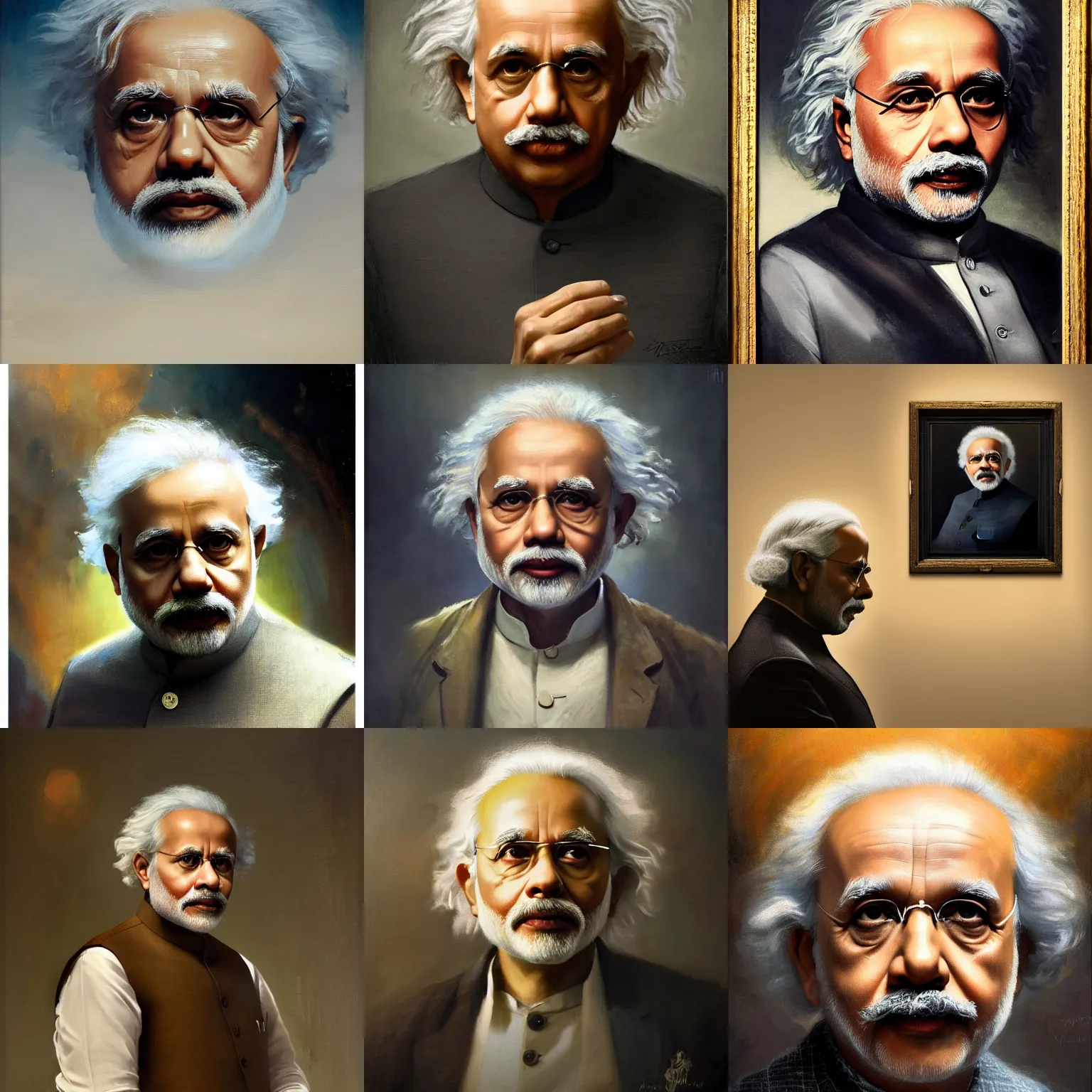 Prompt: Narendra Modi as Albert Einstein, masterpiece, oil on canvas, by Greg Rutkowski, by William Blake, by John Howe, neoclassical portrait, sharp, HD, detailed, cinematic composition, dramatic, concept art, best lighting, 8K,