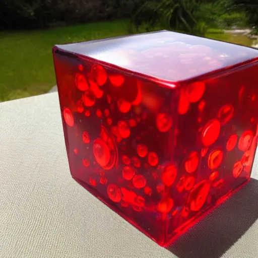 Image similar to transparent cube half filled with red liquid inside in a transparent sphere