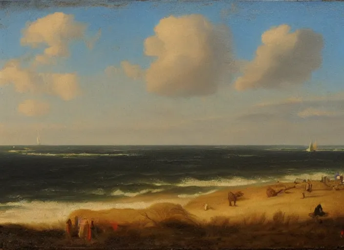 Image similar to texel, the netherlands as the background in the style of hudson river school of art, oil on canvas