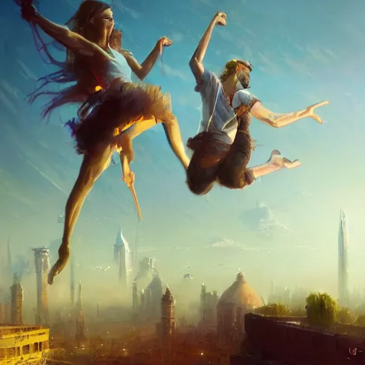 Image similar to concept art, air dancers by farmer's market, 8 k, by james gurney, greg rutkowski, and john howe, background of the sky at dusk, artstation