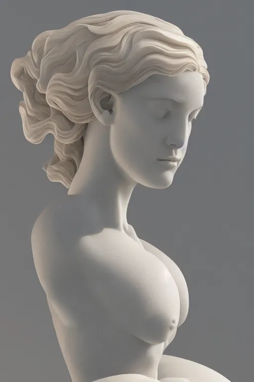Image similar to Marble Sculpture of Aphrodite rising out of the sea in a clam shell, photorealistic, volumetric lighting, inspired by The Birth of Venus by Sandro Botticelli, trending on artstation.