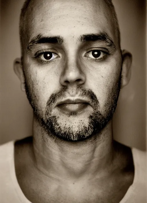 Prompt: studio portrait of a man who has many pairs of eyes all over, eyes on chin, eyes on forehead, eyes eyes eyes. dusk, sunset, film photo, rollei 3 5 camera, tri - x film