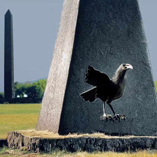 Prompt: a giant crow with a round body short legs and large black beak sitting in a black stone obelisk, high resolution film still, film by Jon Favreau