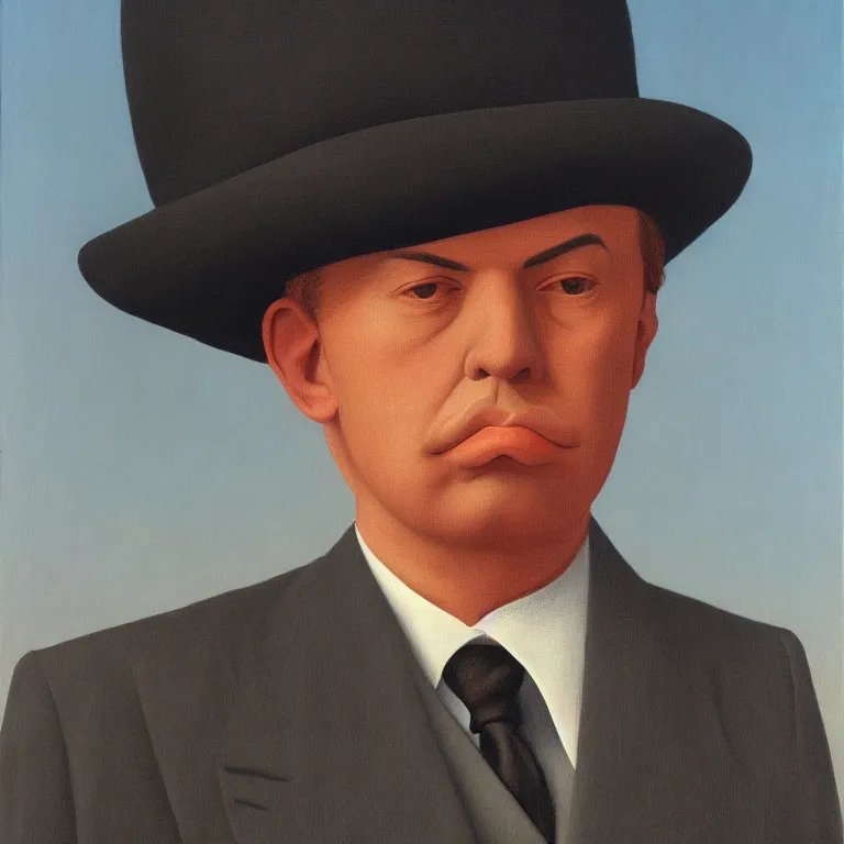 Image similar to portrait of a man in a suit, his face is fully made of clouds and he is wearing a hat, by rene magritte, detailed painting, hd, hq, high resolution, high detail, 4 k, 8 k