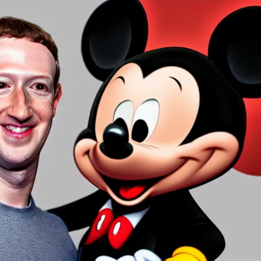 Prompt: Mark Zuckerberg happy to meet Mickey Mouse