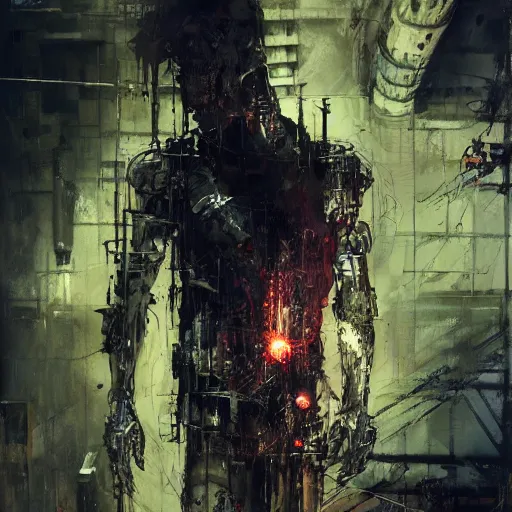 Image similar to cybernetic hunter, cyberpunk, wires, skulls, machines by emil melmoth zdzislaw belsinki craig mullins yoji shinkawa realistic render ominous detailed photo atmospheric by jeremy mann francis bacon and agnes cecile ink drips paint smears digital glitches glitchart