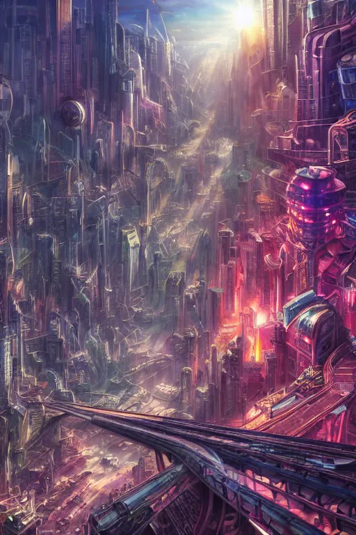 Prompt: a megalopolis of steel and cyborgs, futurism, high fantasy, magical elements, vibrant colors, lush landscape, sharp details, high res eautiful lighting, studio light, extremely detailed, establishing shot, realistic materials, hyperrealistic
