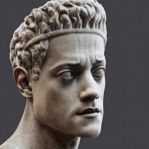 Prompt: rami malek as statue of ancient roman emperor, created by michelangelo, museum photoshot, 3 d photorealistic render, high resolution, 8 k