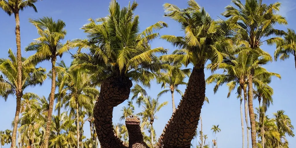 Prompt: photo of a very long neck godzilla nibbling on palm trees, silly, funny, weird and odd