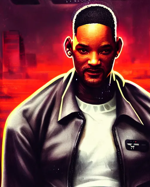 Image similar to a full length portrait of cyberpunk will smith, grim - lighting, high - contrast, intricate, elegant, highly detailed, digital painting, artstation, concept art, smooth, sharp focus, illustration