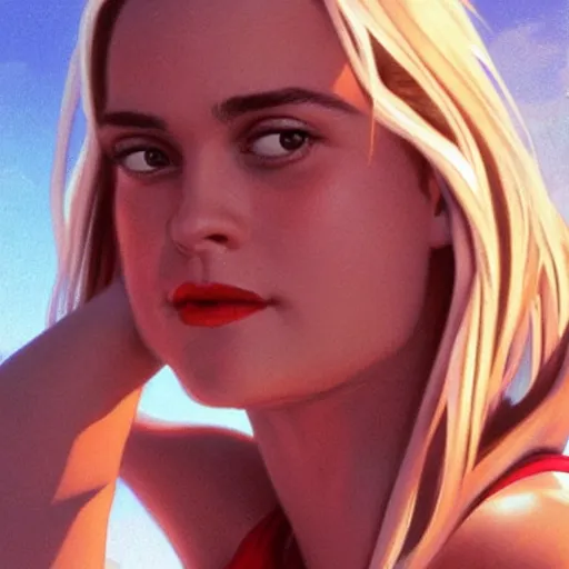 Image similar to of 9 0 s alicia silverstone wearing a red v - neck one - piece swimsuit symmetrical face concept art, octane render unreal engine meta humans, smooth, sharp focus, illustration, art by artgerm and greg rutkowski and alphonse mucha trending on artstation