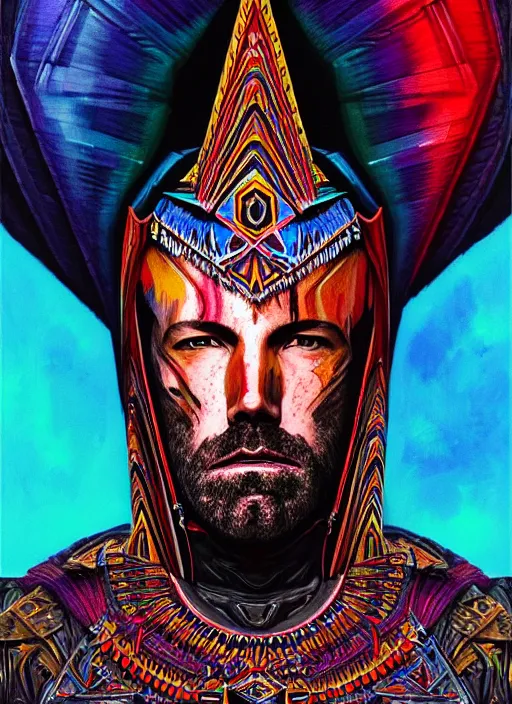 Image similar to portrait of ben affleck, hyper detailed ultra sharp aztec shaman warrior. trending on artstation, warpaint aesthetic, bloodwave, colorful, psychedelic, ornate, intricate, digital painting, concept art, smooth, sharp focus, illustration, art by artgerm and greg rutkowski and h. r. giger, 8 k