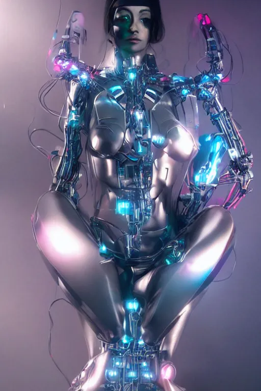 Image similar to a stunning robot woman with cybernetic enhancements, wires, led lights, glowing lights, futuristic, by artgerm and wlop and bosch