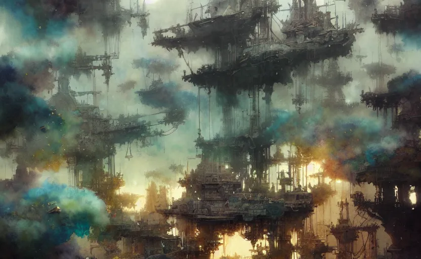 Image similar to airshps fleet, fantasy, steampunk. intricate, amazing composition, colorful watercolor, by ruan jia, by maxfield parrish, by marc simonetti, by hikari shimoda, by robert hubert, by zhang kechun, illustration, gloomy