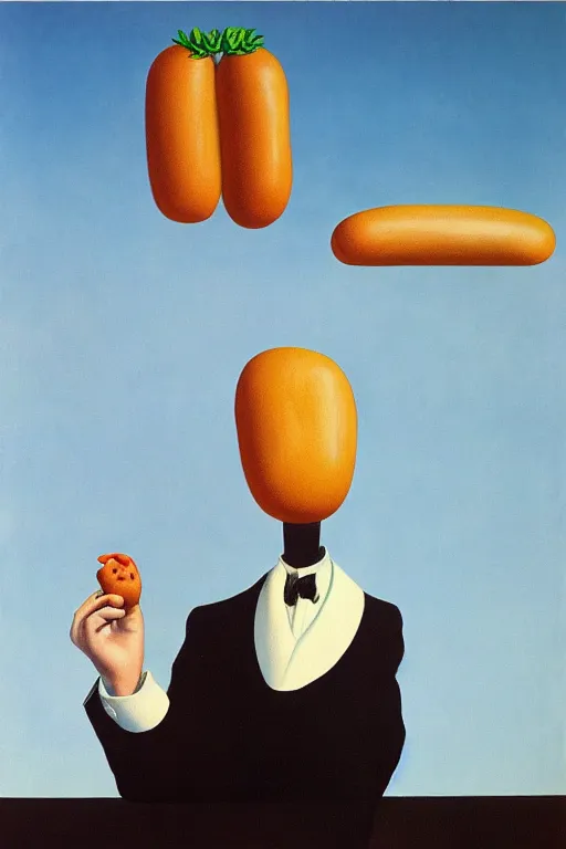 Prompt: Rene Magritte's Son Of Man painting with a floating hotdog blocking the face, the hotdog has a stem and leaves