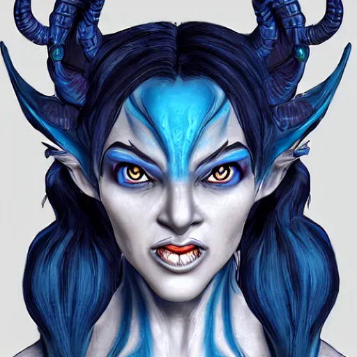 Prompt: female tiefling with blue skin, tendrils, and horns