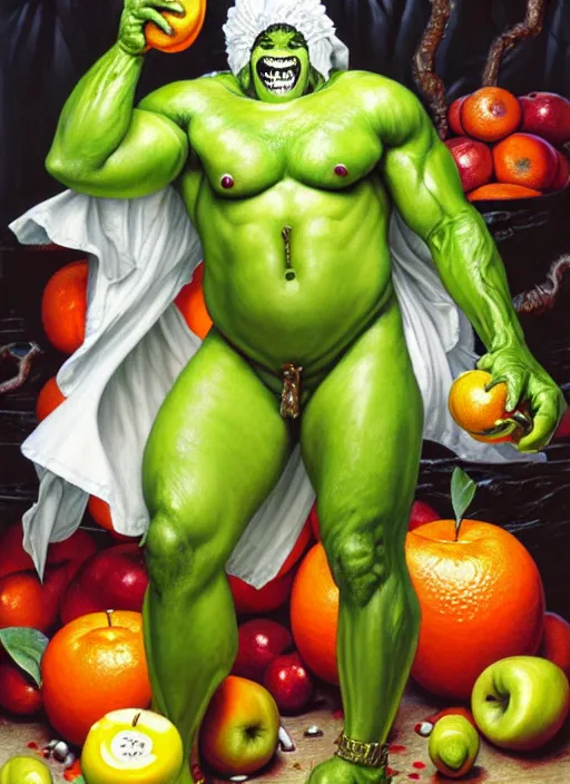 Prompt: full body shot of a monster man in a white toga, green skin, dressed in all white, clothes covered in different fruit, apples, oranges, bananas, intricate, highly detailed, concept art, hyperrealistic, oil painting by greg staples and tristan eaton, 8 k