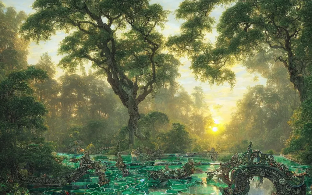 Image similar to a detailed oil painting of an intricate, ornate palace made of green, polished semiprecious malachite marble and jade, hyper detailed, hd, artstation, beautiful sunrise lighting, forest setting, by john williams waterhouse, thomas kincade, michael whelan and donato giancola