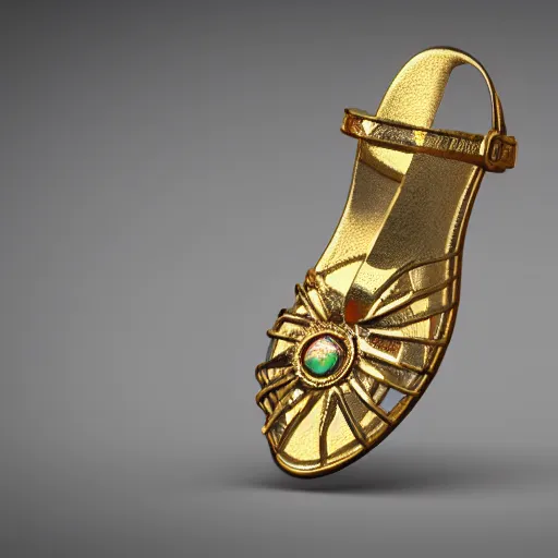 Prompt: concept art of sandal, 3 d print, anatomic description, gems, gold, 8 k, details, studio lighting, realism, complex lights