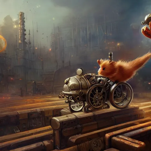 Image similar to oil painting of steampunk hamster, riding on giant duck, steampunk city background, sharp focus, fantasy style, octane render, volumetric lighting, 8k high definition, by greg rutkowski, highly detailed, trending on art Station, explosions, magic the gathering artwork, centered