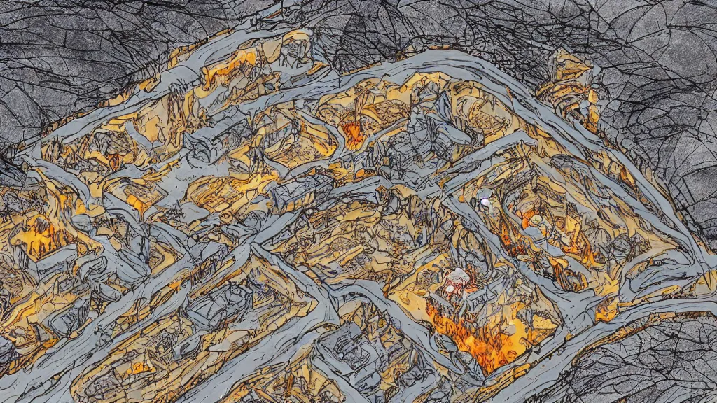 Image similar to Aerial view of a Australian gold mine, a fire cave, an ice mine and a fire mine, lineart, colored