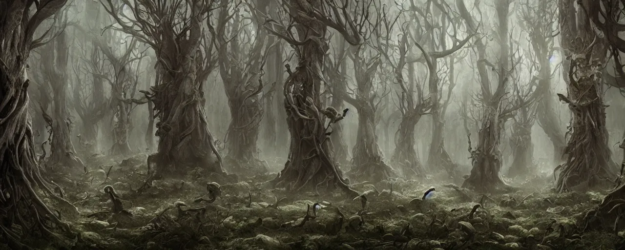 Prompt: a spooky forest made of knees knees, stunning intricate concept art by senior artist, fantasy art, matte painting, storybook illustration