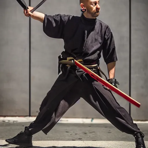 Prompt: andrew tate with a katana in los angeles