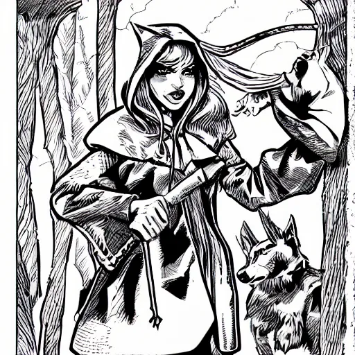 Prompt: little red riding hood illustrated in the style of arthur adams