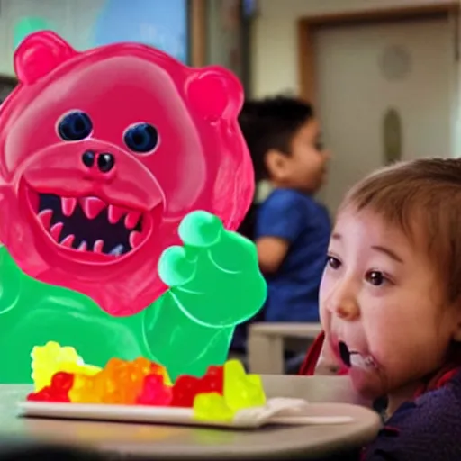 Image similar to a monster gummy bear tries to eat kids inside a kindergarten