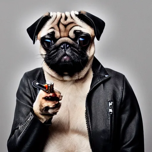 Prompt: pug in a leather jacket smoking a cigarette