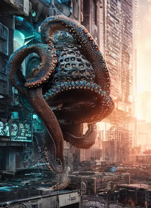 Image similar to hyperrealism, detailed textures, photorealistic 3 d cyberpunk octopus in apocalyptic city, futuristic clothing and helmet, ultra realistic, cinematic, intricate, cinematic light, unreal engine 8 k, octane render, unreal engine