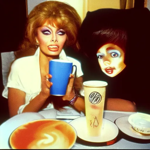 Prompt: 1976 sofia loren and casper the friendly ghost having coffee, 16mm color film, expired film, archival footage in the style of cassavetes, 1976