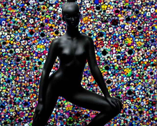 Prompt: extremely beautiful black marble statue in the style of takashi murakami, colorful motocross logos behind her, sharp focus, clear, detailed,, cinematic, detailed, off white, glamourous, symmetrical, vogue, editorial, fashion, magazine shoot, glossy