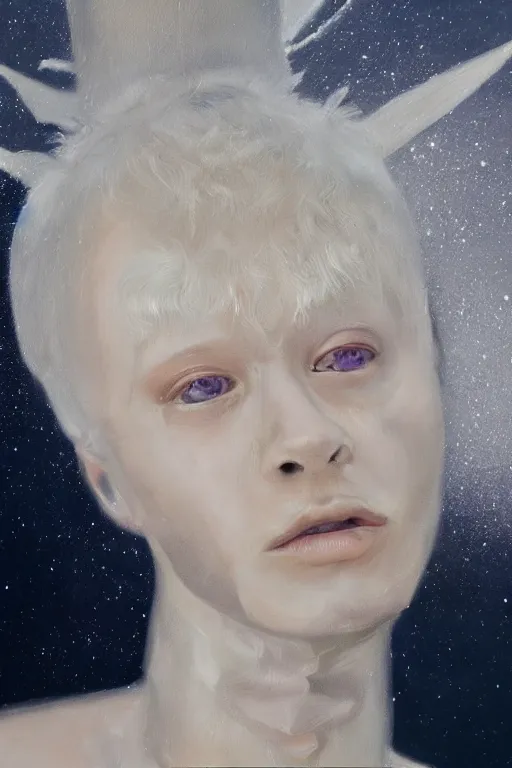 Image similar to hyperrealism oil painting, close - up portrait of albino medieval fashion model, knight, steel gradient mixed with nebula sky, in style of baroque