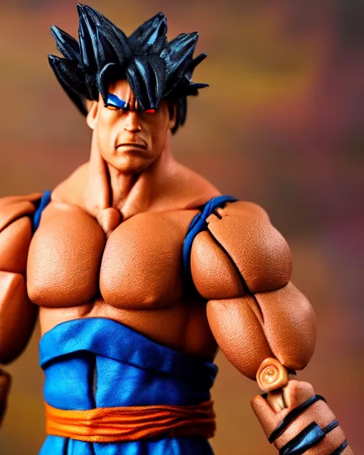 Image similar to a toy action figure of a fusion of dwayne johnson and goku, real life, studio lighting, professional photography