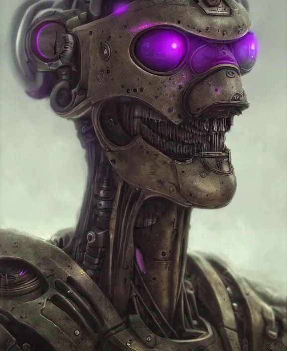 Image similar to a portrait of a cyborg waluigi from smash bros, by hr giger and beksinski and stephan martiniere, trending on artstation, 4 k resolution, detailed, high quality, hq artwork