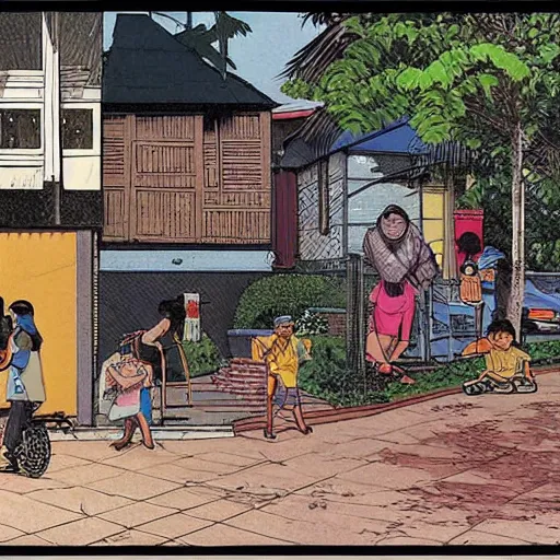 Image similar to a snapshot of daily life in a singaporean neighbourhood, by moebius