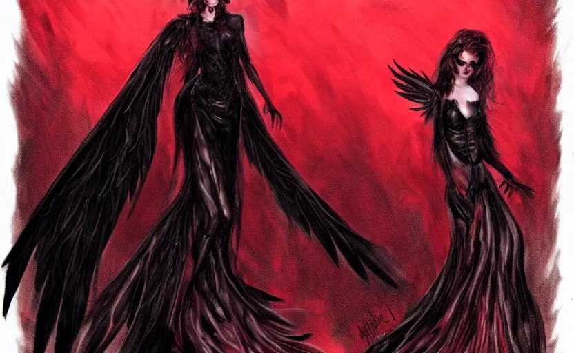 Prompt: Female dark angel in gothic red and black dress, their black wings are extended. She is in the bioluminescent forest. Horror scene, highly detailded. Cinematic fantasy concept art