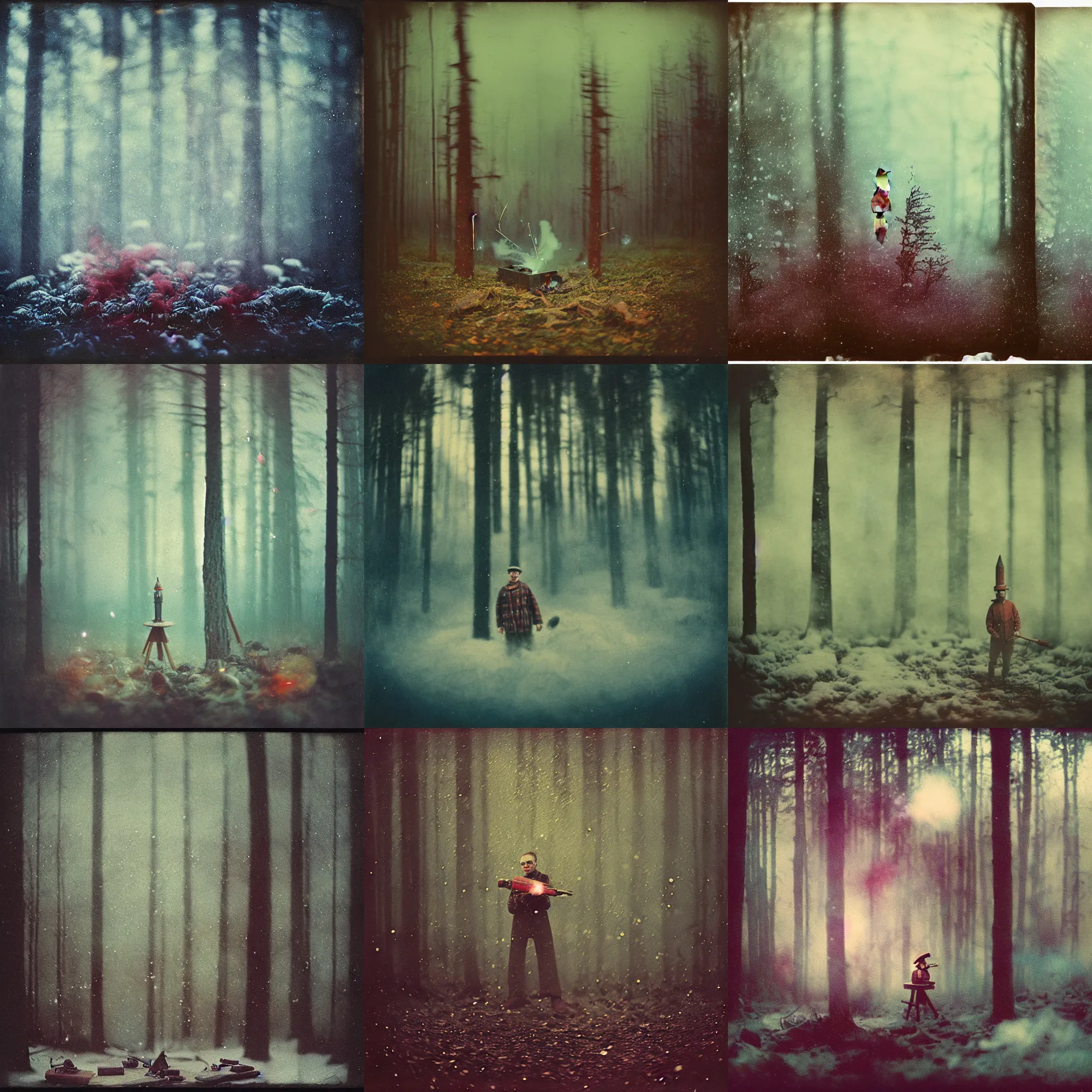 Image similar to kodak portra 4 0 0, wetplate, muted colours, blueberry, 1 9 1 0 s style, motion blur, portrait photo of a backdrop, explosions, rockets, bombs, sparkling, lumberjack, forest, snow, fog, by georges melies and by britt marling