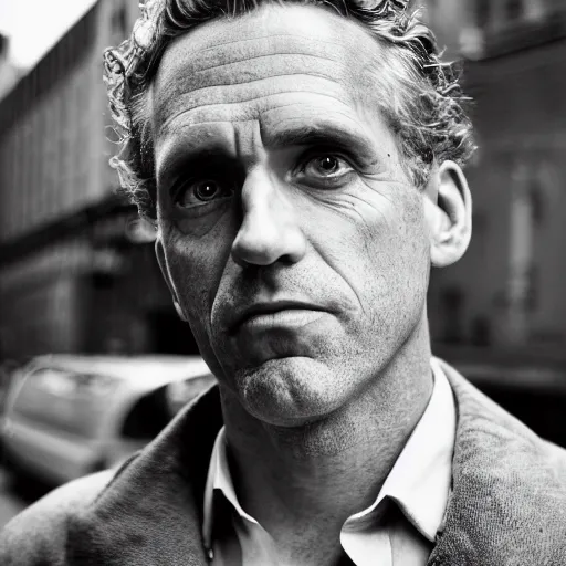 Image similar to closeup portrait of a Jordan Peterson , new york back street , by Steve McCurry and David Lazar, natural light, detailed face, CANON Eos C300, ƒ1.8, 35mm, 8K, medium-format print