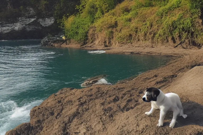 Image similar to a puppy is looking directly at the wavy water current below it while it stands at an edge of a cliff