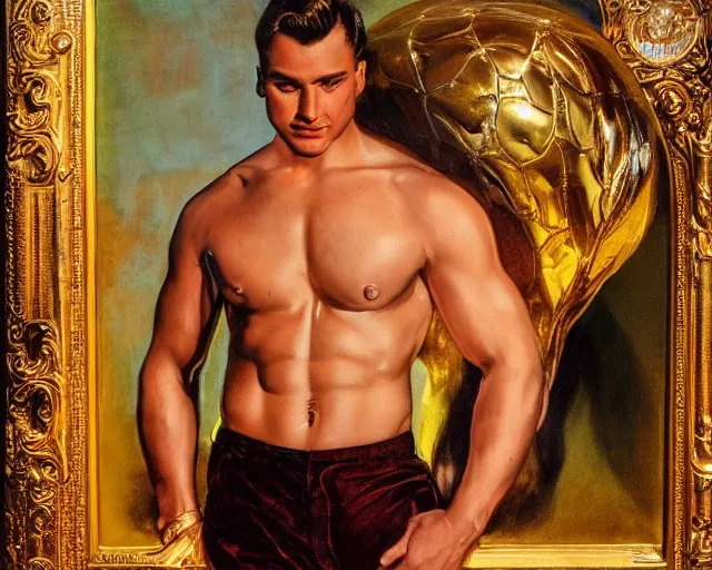 Image similar to attractive oiled up glossy man posing in front of a huge golden bitcoin, angelic light, commercial by annie liebovitz, tom finland gaston bussiere, j. c. leyendecker