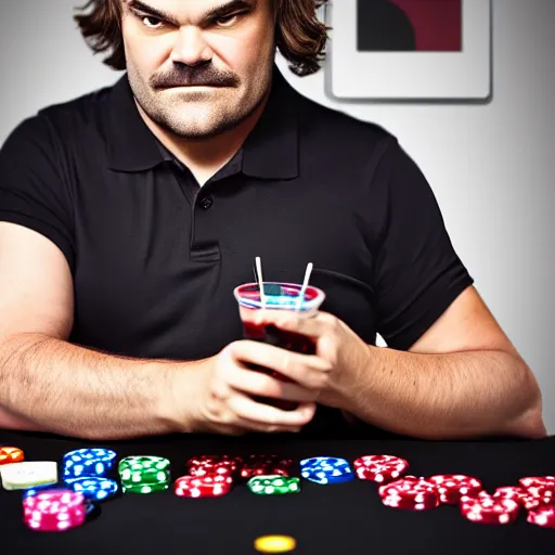 Image similar to Jack Black playing blackjack while drinking blackcurrant and wearing black polo shirt, realistic, ultra high detail, 8k.