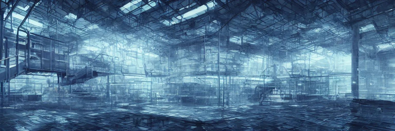 Prompt: Inbetween worlds. Inside a Borg cube. Industrial labyrinth with an infinite staircase. Heigh ceiling. Fluorescent lighting. Mist. Color scheme dark blue. Gradient. Wide shot. Photoreal. Octane render. 4k. Artstation, concept art