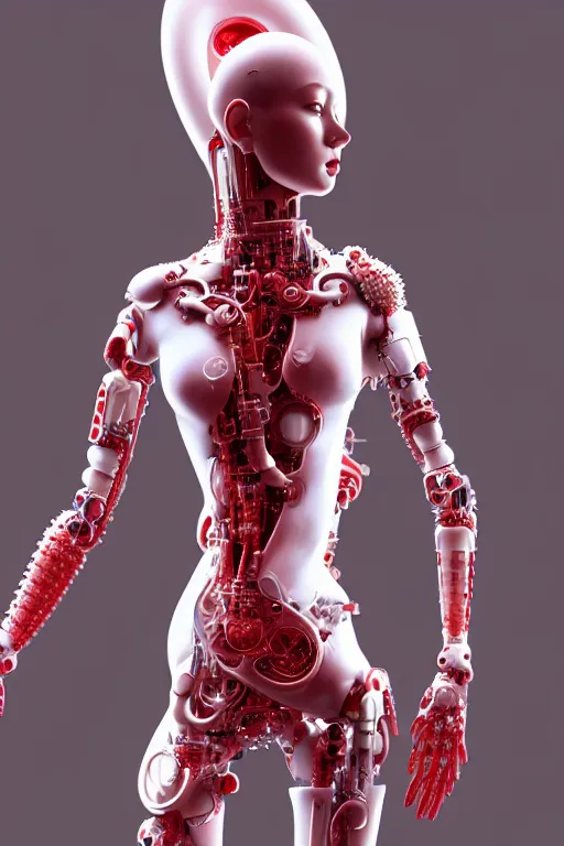 Image similar to a statue made of red marble, of an beautiful chinese girl, full body shot, perfect body, white biomechanical, inflateble shapes, wearing epic bionic cyborg implants, masterpiece, intricate, biopunk futuristic wardrobe, vogue, highly detailed, artstation, concept art, background galaxy, cyberpunk, octane render