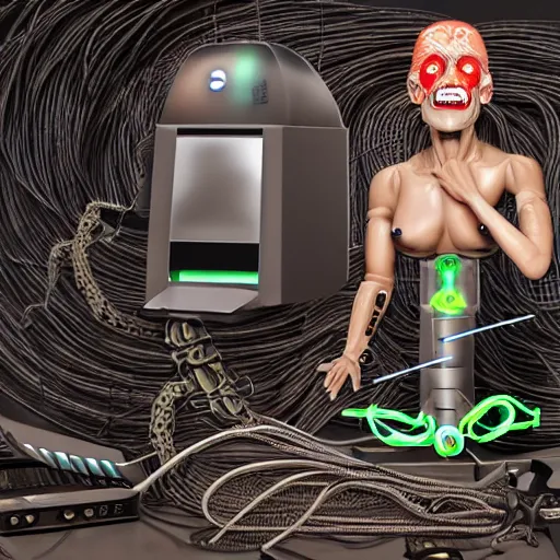 Image similar to the torso of a terminator lady with borg implants, human face and robotic snakes coming out of her head is hanging from cables and wires off the ceiling of an abandoned computer lab and plugged into a quantum computer. Her bottom half is missing with cables hanging out. She is taking a sip from a cup of coffee. Tiny green led lights in her cybernetics. very detailed 8k. cyberpunk style.